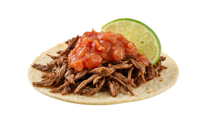 Authentic barbacoa taco with salsa and lime slice on corn tortilla isolated on the transparent background
