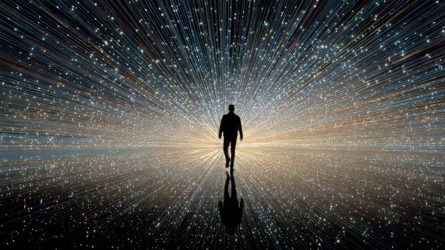 Silhouette of man stepping toward radiant network of interconnected data streams, embracing the future of digital innovation