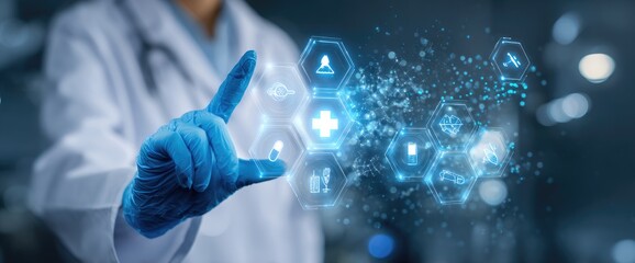 Doctor in lab coat interacts with digital medical interface