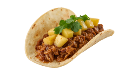 Traditional mexican taco al pastor with pineapple, cilantro, and marinated pork on soft corn tortilla isolated on the transparent background