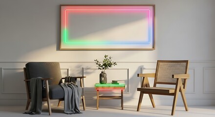Living room with two chairs and a side table illuminated by neon light accents interior furniture