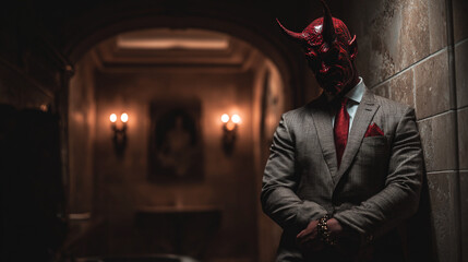 A devil in a suit leans against a wall in a dimly lit hallway with sconces burning