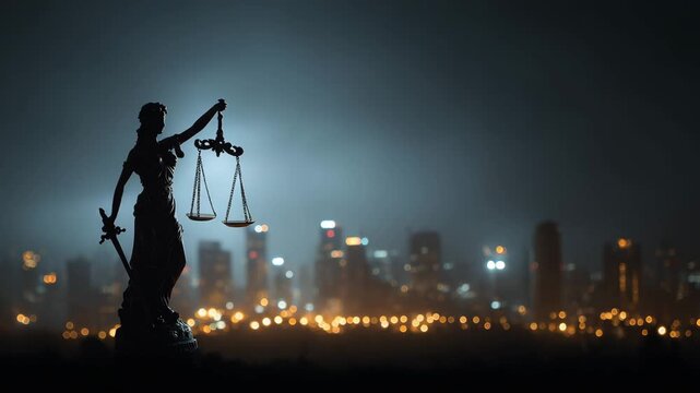 Statue of Justice holding scales, dramatically lit against a dark city skyline, symbolizing law and fairness at night