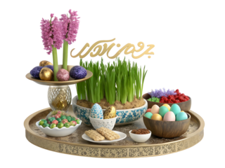Miniature Haft Sin Table 3 D Render Featuring Pink Hyacinths Gold Decorated Eggs Colorful Painted Eggs and Traditional Persian New Year... isolated on a transparent background