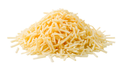 Fototapeta premium Pile of fresh grated cheese closeup isolated on the transparent background for culinary, pizza, pasta, salad, and cooking concepts