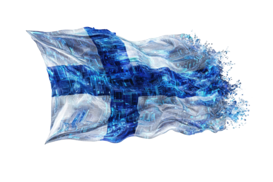 A digitally rendered, stylized Finnish flag