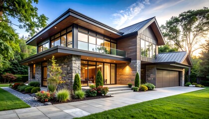 Modern home exterior at sunset