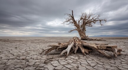 Fototapeta premium A lone, barren tree on a cracked, dry salt flat under a stormy sky
