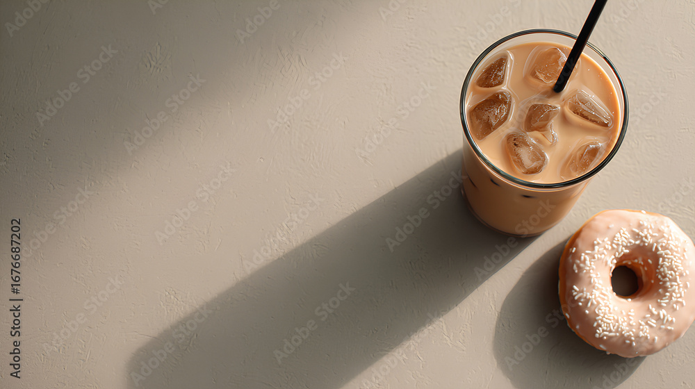 Aufkleber flat lay of iced coffee and donut with soft shadows and blank space for branding or menu details