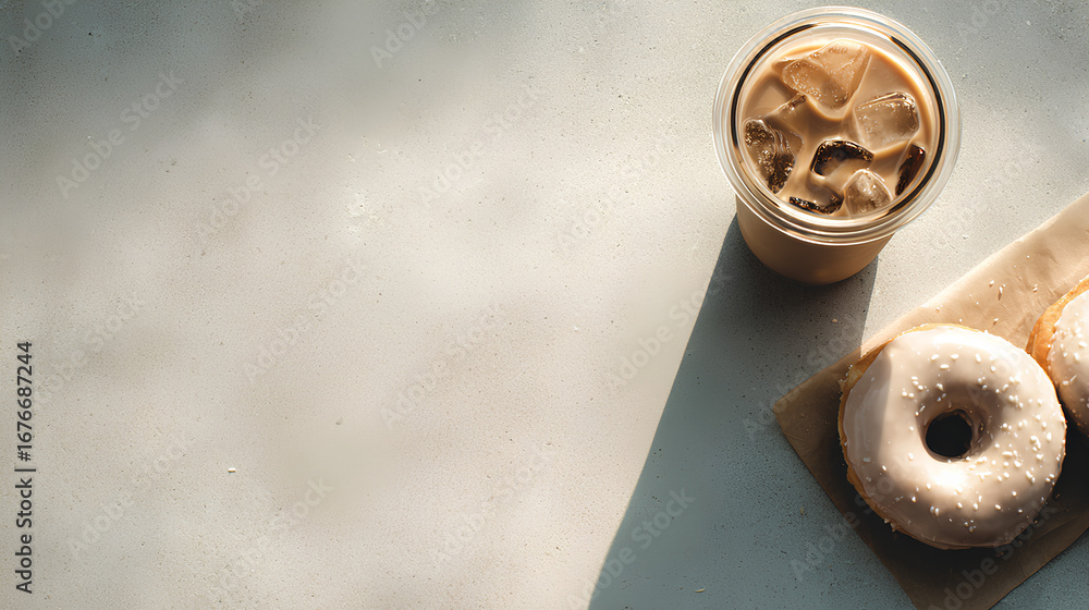 Poster flat lay of iced coffee and donut with soft shadows and blank space for branding or menu details