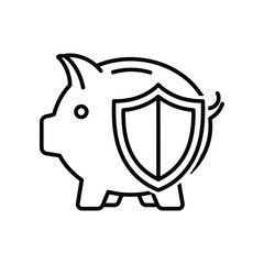 Piggy Bank and Shield: A simple line art rendering of a piggy bank adorned with a protective shield, signifying the security and safety of savings and financial planning. 