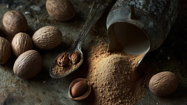 Whole nutmeg seeds and finely ground powder artfully arranged on rustic surface, highlighting rich textures and warm earthy tones