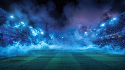 Night stadium filled with blue smoke, lights, and crowds