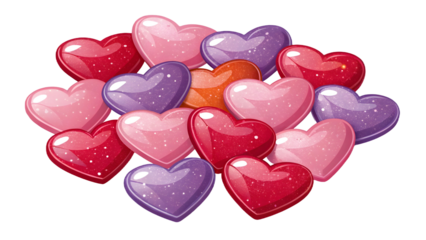 Glossy Red Pink and Purple Glitter Hearts Bundle Valentine Day Decoration Romantic Love Theme isolated on a transparent background