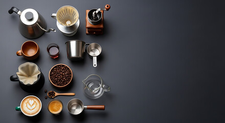 Coffee brewing tools and fresh coffee beans overhead flat lay dark backdrop