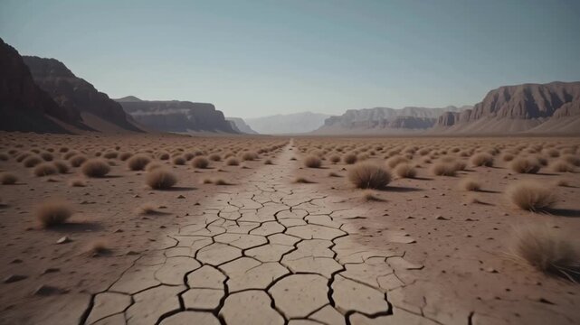 A long, cracked earth path leading through a vast, arid desert valley toward distant rocky mountains, symbolizing a journey through a parched land