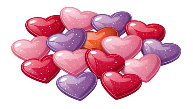 Glossy Red Pink and Purple Glitter Hearts Bundle Valentine Day Decoration Romantic Love Theme isolated on a transparent background