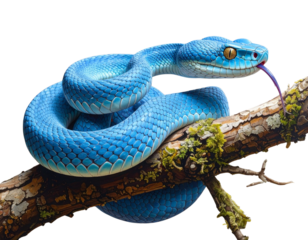 Artistic Illustration of Blue Viper on Branch with Stylized Color Highlights, Minimal Background Transparent Background
