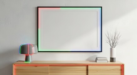 Modern interior with empty neon-lit picture frame and lamp on cabinet home