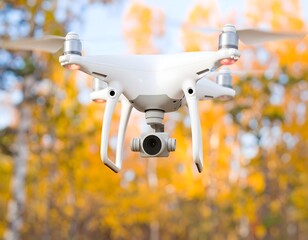 Modern white drone with camera hovering in air against blurred autumn foliage background