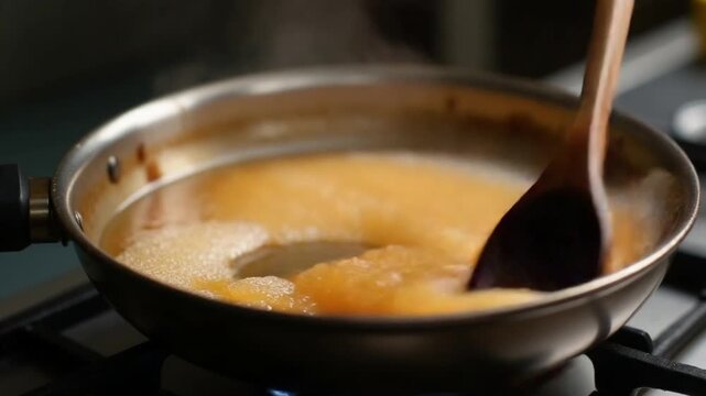 fry sugar Fast speed of sugar melts in a pan on gas fire and turns into caramel