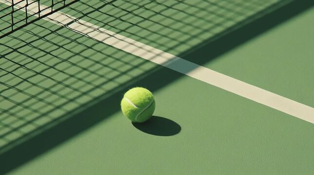 A vibrant green tennis ball rests near the net on a sunlit court, casting a sharp shadow under clear skies. horizontal video