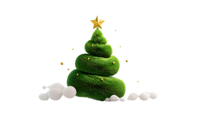 Stylized green christmas tree with golden star isolated on transparent background