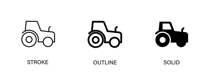 Tractor icon represents agriculture, fields and machinery. Vector stroke, outline and solid icons. © icon