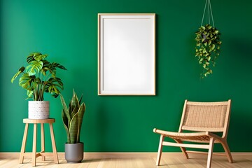 Modern living room scene with green walls a stylish chair and houseplants for interior design mockups