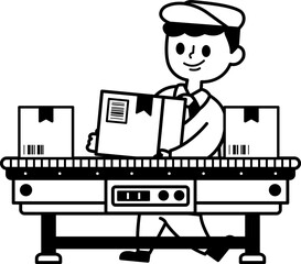 black and white illustration of a man holding parcel box on to the conveyor belt