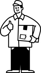 black and white illustration of a delivery man holding parcel box