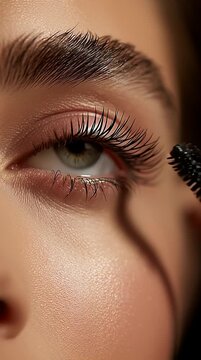 Close-up of a woman applying mascara, enhancing her long, voluminous eyelashes with precision for a dramatic eye makeup look. vertical video
