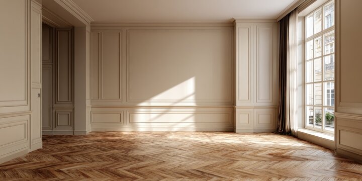 Empty, sunlit room with ornate panelling and herringbone parquet flooring - Powered by Adobe