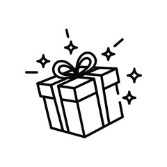 Gift Box Surprise: A line art illustration shows an isolated present, tied with a ribbon, encircled by celebratory starbursts, suggesting anticipation and joy.