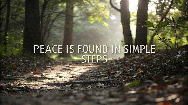 Tranquil forest path with sunlight glimpsing through trees