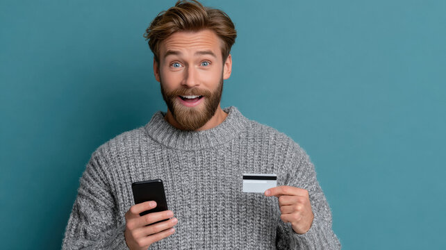 young handsome man holding smartphone and credit card