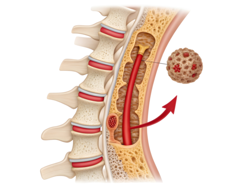 Detailed Cutaway 3 D Medical Diagram of Spinal Column Showing Vertebrae Intervertebral Discs Spinal Cord and a Red Arrow Pointing to a... isolated on a transparent background