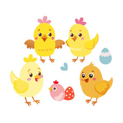 Collection of cartoon chicks and chickens. Easter chicks. Vector illustration.