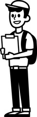 black and white illustration of a delivery man standing and holding a clipboard