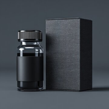 Dark glass bottle with black label, beside a matching box