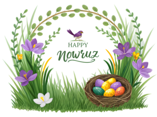 Detailed Digital Illustration of Happy Nowruz Featuring Purple Crocus Flowers Green Grass a Birds Nest with Colorful Eggs and a Small... isolated on a transparent background