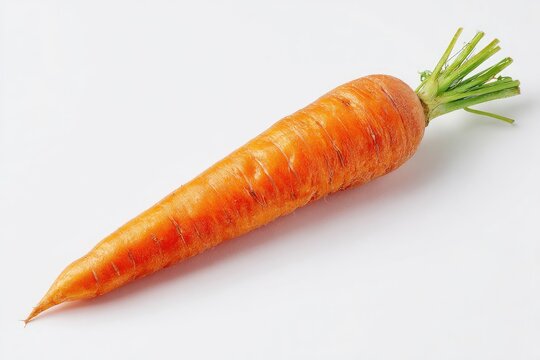 Single, whole carrot, vibrant orange, lengthwise view,  fresh and crisp,  with green top,  against white background
