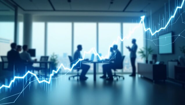 In an office, a glowing upward financial graph overlaps with people working and communicating. - Powered by Adobe