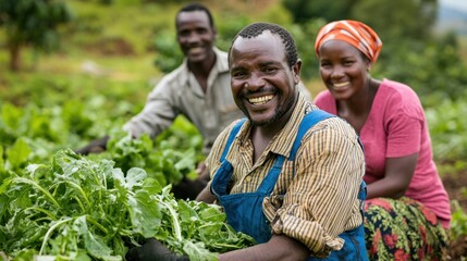 Happy community members harvesting vegetables in a garden