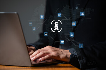 The illustration shows a business icon showing the growth of a business using AI robots with a male businessman in the background.