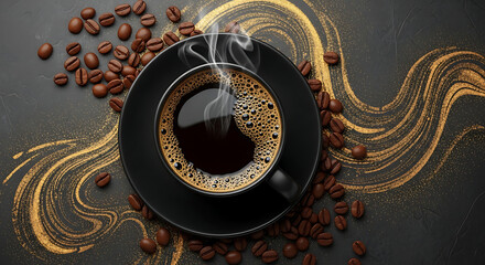 Dark roast coffee in a black cup with coffee beans around and golden decoration