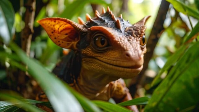 Fantastical lizard creature in lush foliage