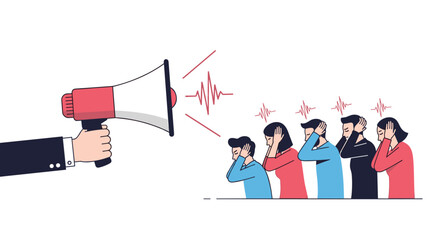 Loud disruptive noise forces people to cover ears, megaphone shouting over group, business communication