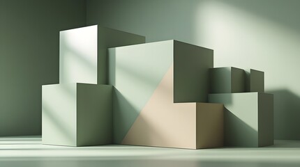 Obraz premium Minimalist Geometric Cubes with Green and Beige Tones