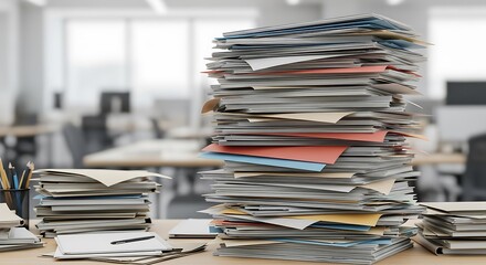 A towering stack of papers dominates a busy office scene